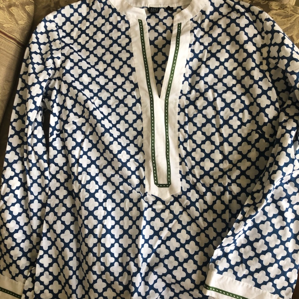 Top. Blue and white with green accents.